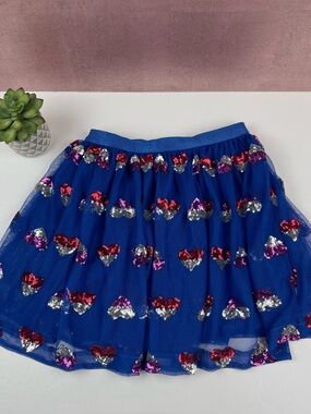 Cat & Jack Pink Red Silver Sequin Blue Hearts Tulle Skirt Girl Large 10/12